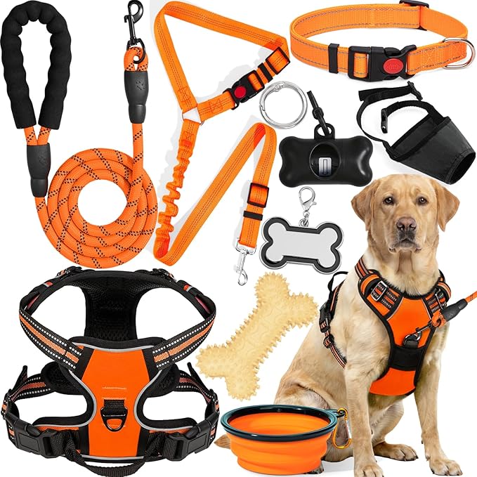 No Pull Dog Harness Adjustable Collar & Leash Set - Dog Halter Harnesses Collapsible Bowls & Poop Bag Dispenser Muzzle ID Tags Toys Fits Small Medium Large Dogs (Orange-L)