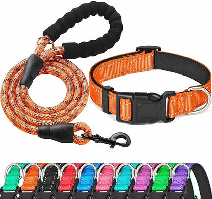 Ladoogo Reflective Dog Collar Padded with Soft Neoprene Breathable Adjustable Nylon Dog Collars for Small Medium Large Dogs (Small (Pack of 1), Orange Collar+Leash)
