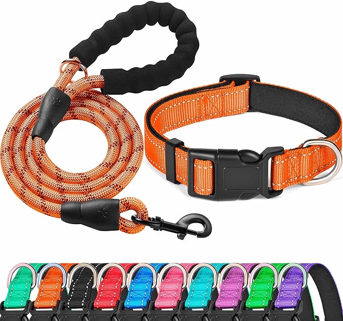 Ladoogo Reflective Dog Collar Padded with Soft Neoprene Breathable Adjustable Nylon Dog Collars for Small Medium Large Dogs (Large (Pack of 1), Orange Collar+Leash)