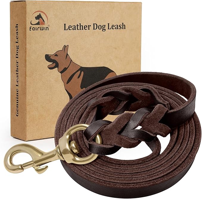 FAIRWIN Leather Dog Leash 6 Foot - Braided Military Grade Heavy Duty Dog Leash for Large Medium Small Dogs Training and Walking (Brown, XL:1" x 6ft)