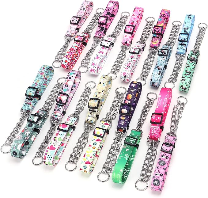 Martingale Dog Collar with Stainless Steel Chain - Limited Chain Cinch Training Collar for No Pull Training Dog - Flower Multicolor Cute Patterns - Premium No Slip Collar (HA12NO13, S)