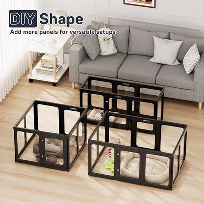 Jalove Dog Playpen, 24" Acrylic Plastic Pet Playpen with Door, Puppy Playpen, Indoor Dog Pen, Foldable, Customizable, Black 2 PCS