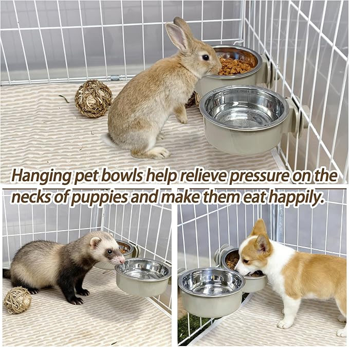 kathson Lightweight Stainless Steel Pet Bowls, Removable Crate Dog Bowl Hanging Pet Food Water Feeder Bowl, Cage Coop Cup for Puppy Cat Rabbit Ferret Birds Guinea Pigs (4pcs)
