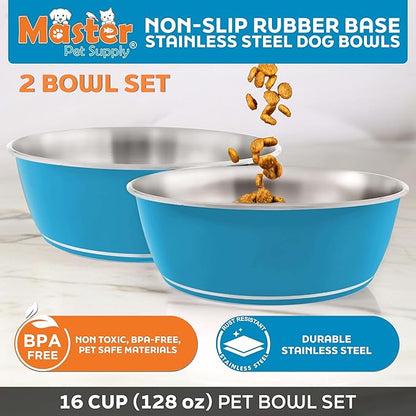 Master Pet Supply Stainless Steel Dog Bowls Set of 2 (128 Oz Each) with Non-Slip Rubber Base - True Blue - Basic Dog Food Bowl Water & Food Bowls for Small Medium Large Dogs & Cats, Metal Dish