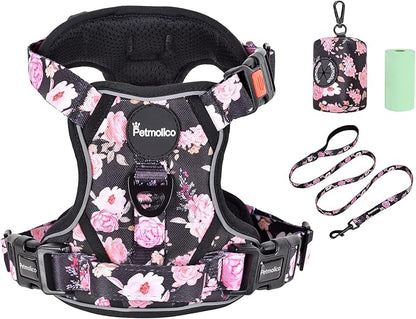 Petmolico No Pull Dog Harness Set with Leash Attachment Easy Control Handle Reflective Harness Vest Small Breed, Puppy Vest and Leash Set with Poop Bag Holder, XS - Boho Floral