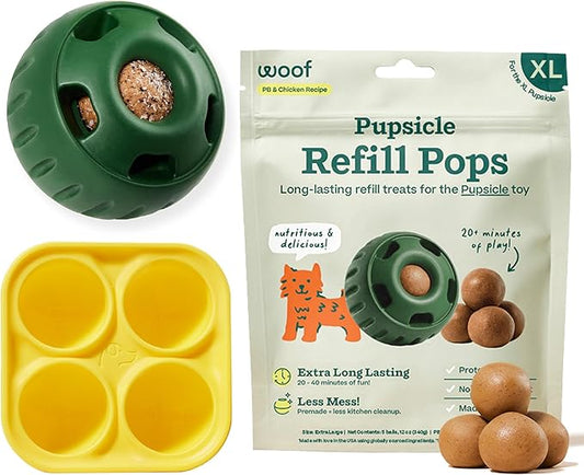 WOOF Starter Pack - Interactive Dog Ball Toy for Boredom - Dog Treat Molds Silicone - Chicken-Flavored Healthy Treats for Dogs - Pupsicle Doggy Enrichment Toy - for XL Pups - 75+ lbs