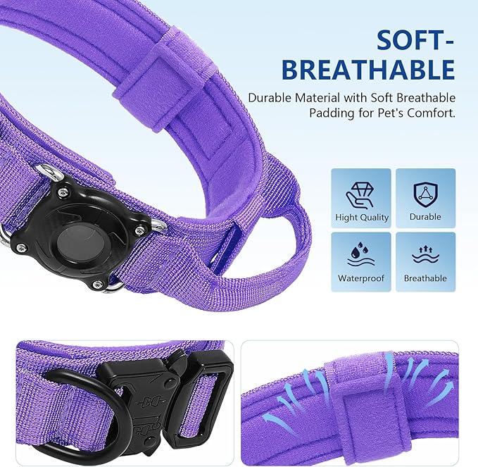 Tactical AirTag 2nd Gen (2026) & 1st Gen Dog Collar, 100% Waterproof Integrated Apple Air Tag Dog Collars with Hard PC AirTag Holder, Adjustable Military Collar with Handle, for Large Dogs(Purple,XL)