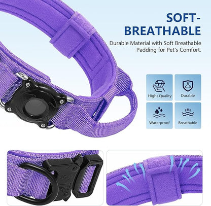 Waterproof AirTag 2nd 2026 & AirTags 1st 2021 Dog Collar - Tactical Military Collar with Secure Hard PC Holder & Comfort Handle for Medium Large Dogs,Smart ID tag (Purple, L)