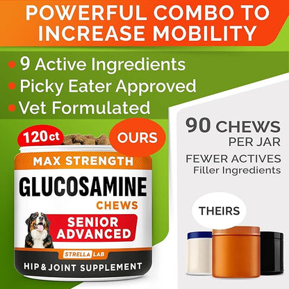 Senior Advanced Glucosamine Chondroitin Joint Supplement for Dogs - Hip & Joint Pain Relief Pills - Large & Small Breed - Hip Joint Chews Canine Joint Health - Chews Older Dogs - Chicken Flavor-120Ct