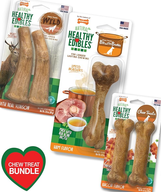 Nylabone Healthy Edibles Natural Dog Chews, Long Lasting Bones for Dogs, Ham, Bacon, & Venison Flavor Dog Treats, Medium (5 Count)