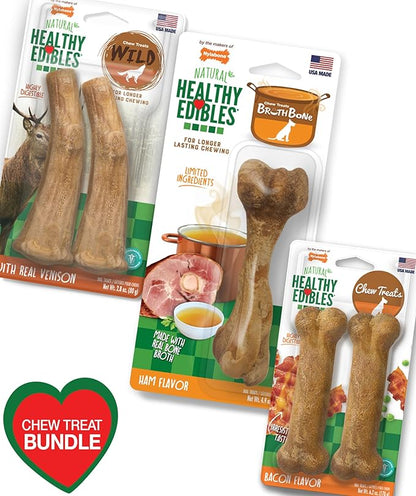 Nylabone Healthy Edibles Natural Dog Chews, Long Lasting Bones for Dogs, Ham, Bacon, & Venison Flavor Dog Treats, Medium (5 Count)