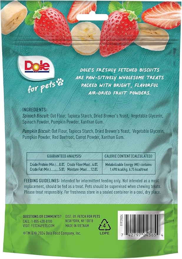 Dole for Pets Dog Biscuits Assorted Banana + Strawberry Mix, Real Fruit Flavor Vegan Crunchy Treats, No Wheat Corn Soy or Artificial Additives, Bite Size Training Snacks for Dogs, 7 Oz - 2 Pack