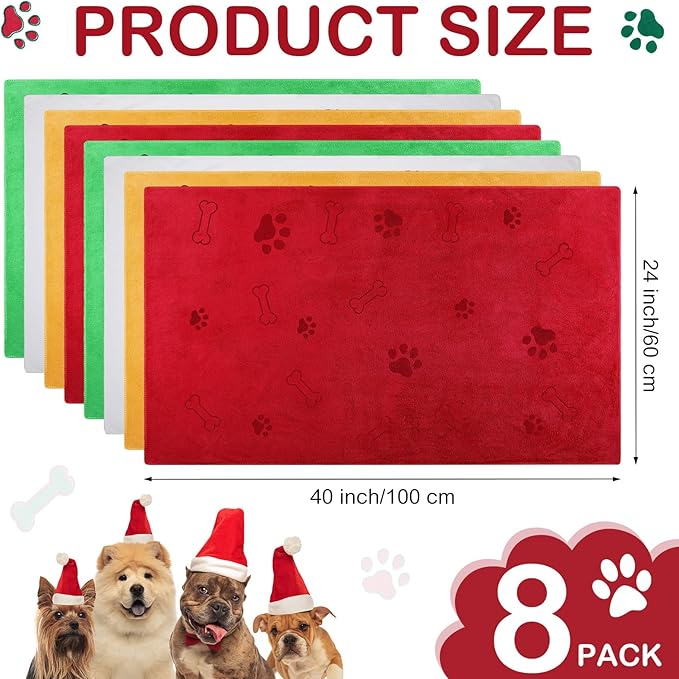 Chumia 8 Pcs Dog Towels for Drying Dogs Cats Pet Towels Bulk Puppy Microfiber Fast Drying Paw Bath Bathing Supplies Absorbent for Medium Pets(40 x 24 Inch,Dog Paw and Bone,Christmas Color)