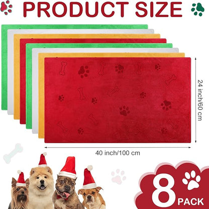 Chumia 8 Pcs Dog Towels for Drying Dogs Cats Pet Towels Bulk Puppy Microfiber Fast Drying Paw Bath Bathing Supplies Absorbent for Medium Pets(40 x 24 Inch,Dog Paw and Bone,Christmas Color)