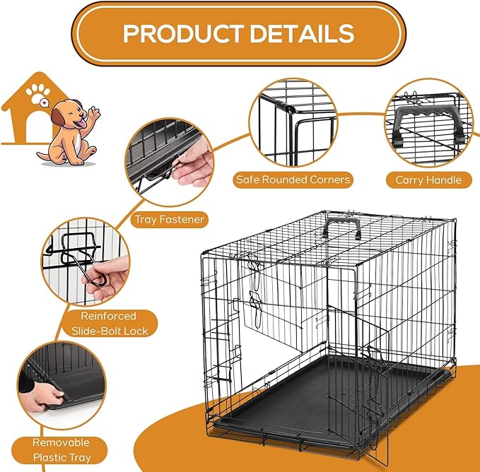 Dog Crate, 48 Inch Extra Large Double Door Portable Dog Cage, Metal Wire Pet Kennel with Secure Lock, Leak-Proof Pan Tray, Foldable Design for Dogs Pets Indoor Training and Outdoor Trave