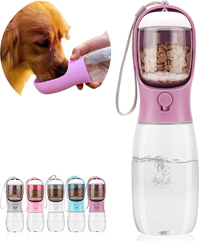 Dog Water Bottle with Food Container, Portable Leak Proof Pet Water Dispenser for Walking Hiking Travel, Puppy Essentials Accessories for Small Large Dogs, Dog Gifts (10oz/15oz/19oz)