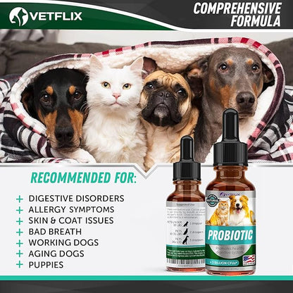 Premium Probiotics for Dogs, Cats, Puppies and Kittens - Digestive Enzymes and Prebiotics Supplement - Supports Digestive Health and Gut Balance - 2 Fl Oz