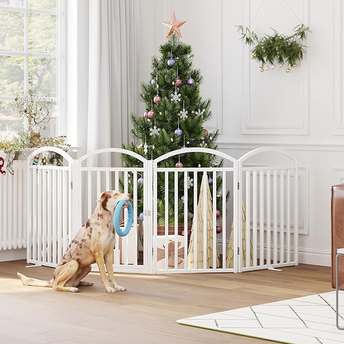 Folding No-Assembly Freestanding Dog Gate with Door,32" Heights Foldable Pet Fence,96" Extra Wide Accordion Puppy Folding Playpen for Doorways,House,Stairs (4 Panels,White)