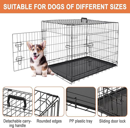 Dog Crates for Large Medium Dogs Foldable Metal Wire Pet Dog Kennel 30/36/42 Inches Indoor Outdoor Travel Dog Gage with Double Door, Leak Proof Pan