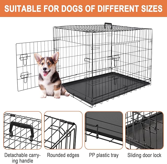 Pet Republic Dog Crates for Large Dogs Folding Metal Wire Dog Gage Double Door 30/36/42Inches Dog Kennel Indoor Outdoor Pet Grates