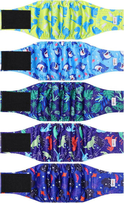 5 Pack Dog Diapers Male Reusable, Premium Belly Bands for Male Dogs, High Absorbing Male Dog Pee Wraps for Doggie in Incontinence or Excitable Urination and Training Dinosaur XXL