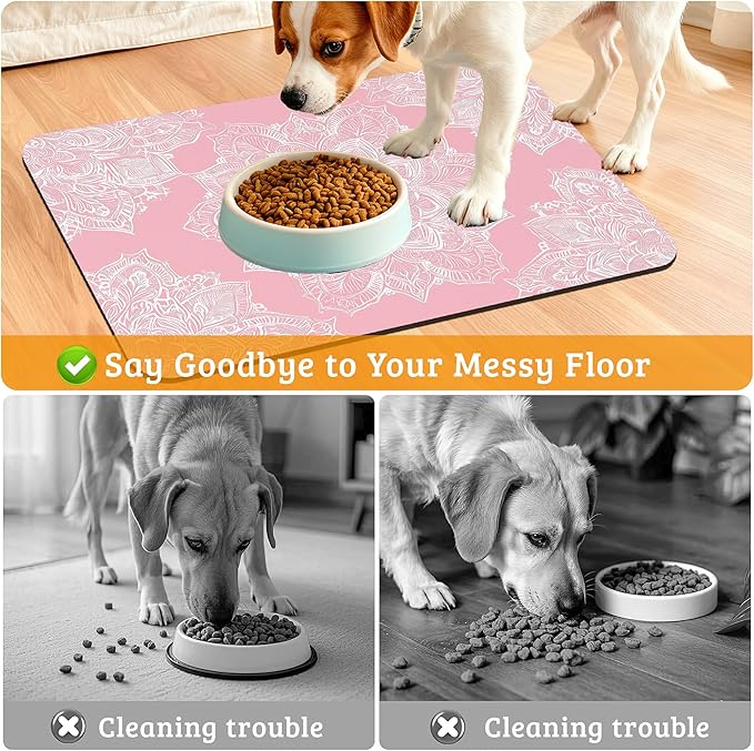 Pet Feeding Mat,Boho Mandala Absorbent Dog Cat Food Mat Pink Flower Dog Mat with Rubber Backing,Non-Slip Water Bowl Placemat,Pet Supplies 12" x 20"
