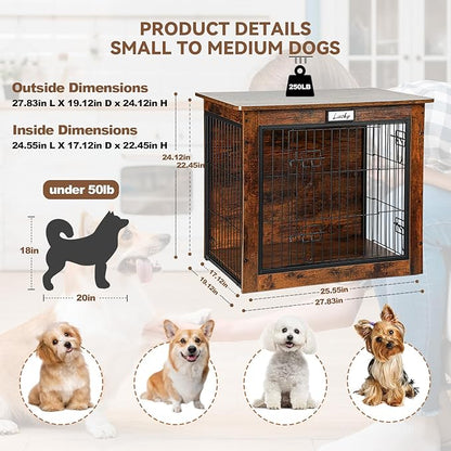 Dog Crate Furniture with Reversible Side Door, 28'' Heavy Duty Wooden Dog Kennel Indoor for Small Medium Dogs, Furniture Style Dog Cage with Double Locks, Steel Mesh, Rustic End Table Dog Crate