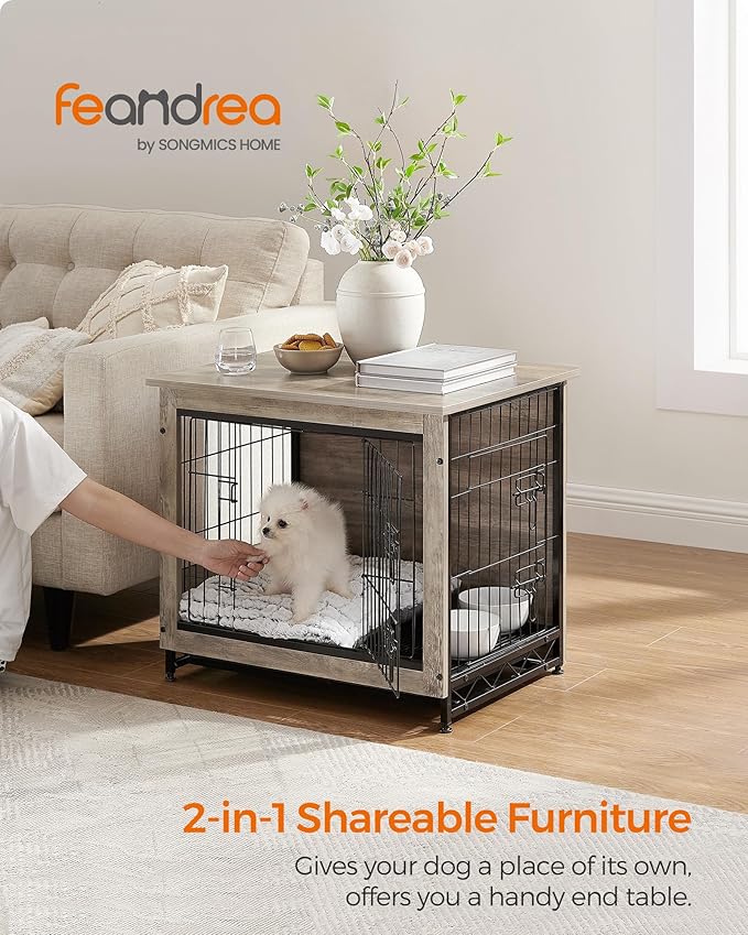 Feandrea 27.2" Dog Crate Furniture, Indoor Dog Cage Side End Table, M Pet Wood Kennel for Medium and Small Dogs up to 30 lb with Multi-Purpose Removable Tray, Double-Door Pet House, Greige