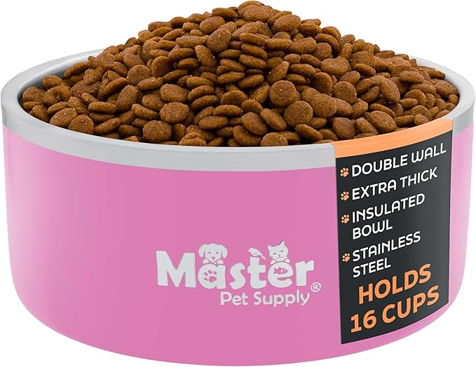 Master Pet Supply Stainless Steel Dog Bowls - 128 oz, Heavy Duty - Hyper Pink, Double Wall Extra-Thick Insulated, Non-Slip Pet Water Bowl for Dogs, Cats & Pets, Anti Rust Metal, Dish Washer Safe