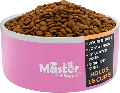 Master Pet Supply Stainless Steel Dog Bowls - 128 oz, Heavy Duty - Hyper Pink, Double Wall Extra-Thick Insulated, Non-Slip Pet Water Bowl for Dogs, Cats & Pets, Anti Rust Metal, Dish Washer Safe