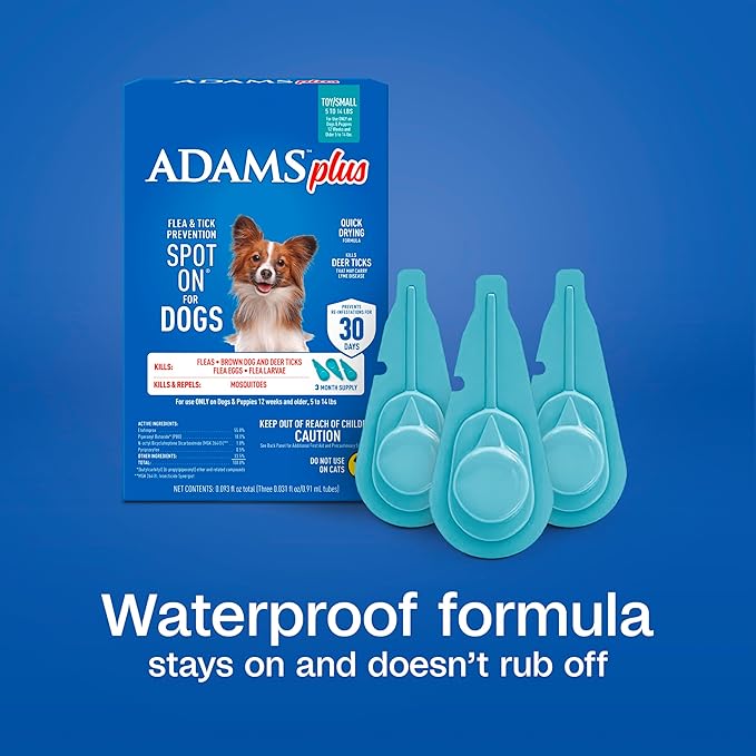 ADAMS Plus Flea & Tick Prevention Spot On for Dogs, Toy/Small Dog, Kills Fleas & Ticks (Brown Dog/Deer Ticks), Kills and Repels Mosquitoes, Prevents Flea Infestations, 3-Month Supply, 3 Pack