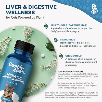 Hepatic Liver Support for Cats Dissolvable,Homeopathic, Digestive Feline Supplement for Liver Detox and Nutrient Absorption 100% All Natural, Easy to Give, Free of Chemicals or Additives, 400 Pills