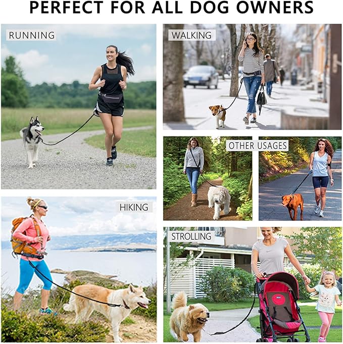 Hands Free Dog Leash, Waist Running Leash with Zipper, Walking Pouch for Medium Large Dogs, Dual Handle and Retractable Bungee for Training Jogging Hiking