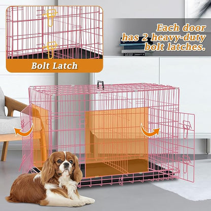 Folding Dog Crate 36" Metal Portable Outdoor Double Door Wire Large Cat Pet Dog Cage Kennel with ABS Tray LC & Divider, Pink
