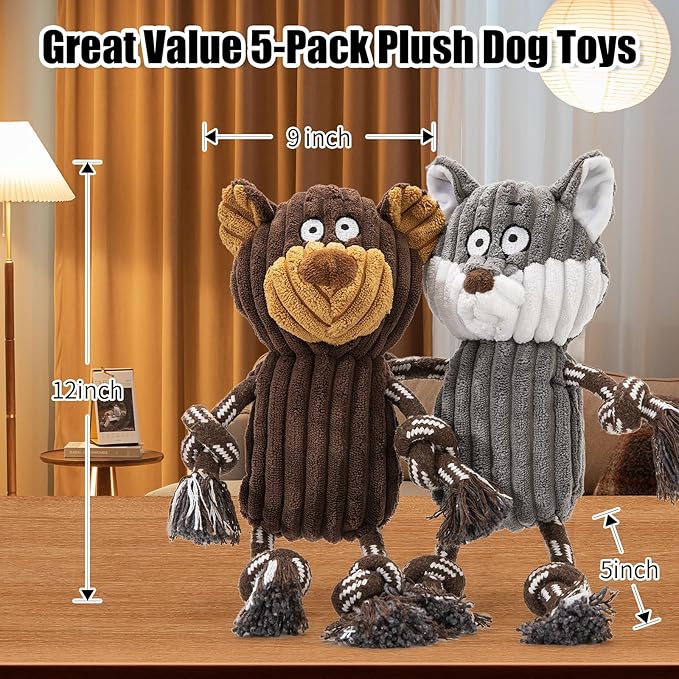 5 pack Large dog Squeaky Toys,Tough Stuffed Plush dog chew Toys Assortment ,Durable plush Animal dog Toys with Tug of War Rope to Keep Them Busy, Puppy Toys Value Bundle for Small Medium Large Dogs