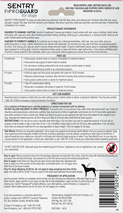 Sentry Fiproguard for Dogs, Flea and Tick Prevention for Dogs (45-88 Pounds), Includes 3 Month Supply of Topical Flea Treatments