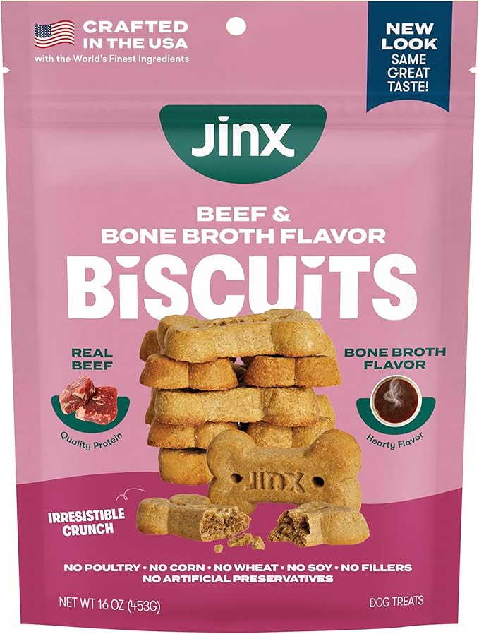 Jinx Oven-Baked Beef Bone Broth Biscuit Treats, Crunchy, All Natural, Superfood-Rich with Real Beef, Pumpkin & Blueberries, 16oz