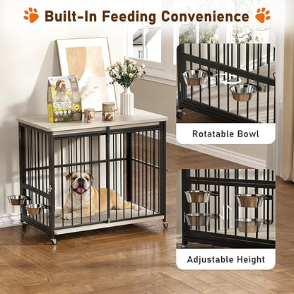 Dog Crate Furniture, 42’’ Wooden Dog Kennel Indoor with Sliding Front Door, Multi-Side Openings & Feeding Window Pet Cage House as TV Stand, End Table(Beige)