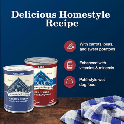 Blue Buffalo Homestyle Recipe Adult Wet Dog Food,Made with Natural Ingredients,Chicken and Beef Dinner Variety Pack,12.5-oz Cans,(Pack of 12)