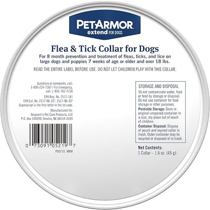 PetArmor Extend Large Dog Flea and Tick Treatment & Prevention, Collar for Large Dogs Above 18 lbs., 8 Months of Protection, Odorless & Non-Greasy, Waterproof, Kills Fleas, Ticks, and Larvae, 1 Count