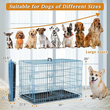 Folding Dog Crate 36" Metal Portable Outdoor Double Door Wire Large Cat Pet Dog Cage Kennel with ABS Tray LC & Divider, Blue