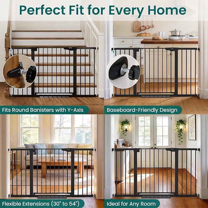 Cumbor 30-54" Extra Wide Baby Gate for Stairs, Dual Lock & Self-Closing Dog Gate Indoor, Easy Install Pet Gate for Doorways, Hallways & Kitchen, Easy Walk Thru Safety Proofing for Babies & Pets, Black
