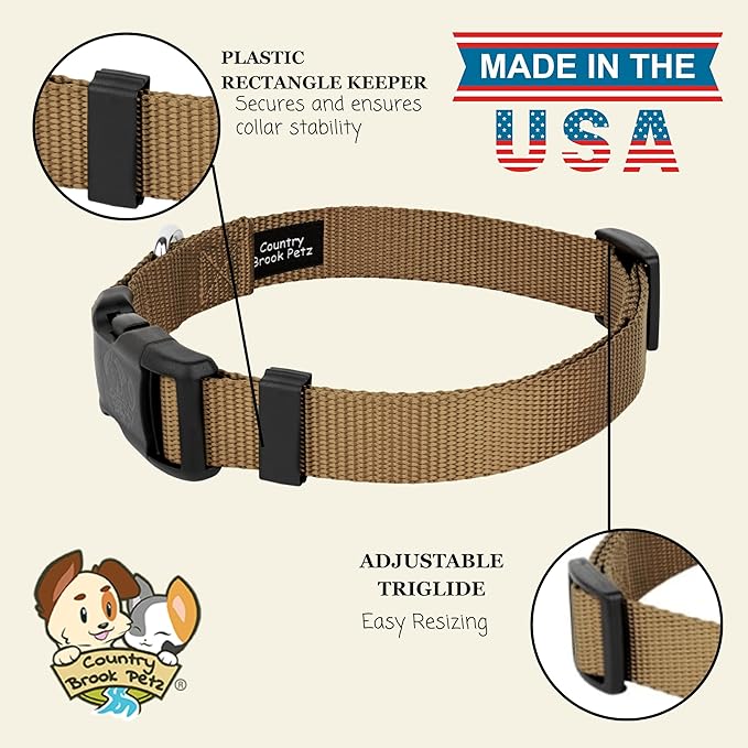 Country Brook Petz - Everyday Nylon Dog Collar for Large, Medium, and Small Dogs and Puppies - for Everyday Use in 10+ Warm Colors (3XS, 3/8 Inch Wide, Coyote Tan)