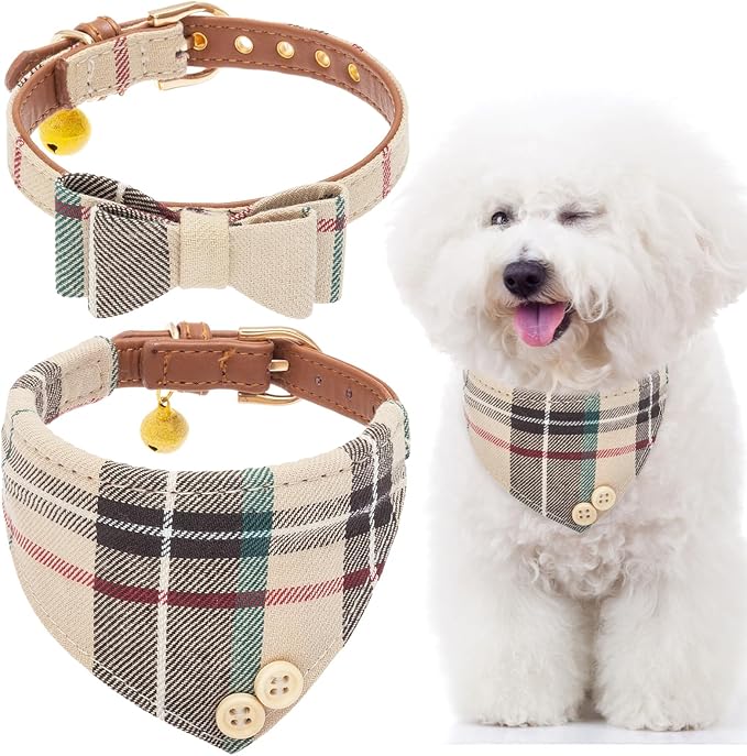 EXPAWLORER Dog Collar and Bandana Set - Classic Plaid Dog Bow Tie and Bandana Collar with PU Leather, Adjustable Collars for Small Medium Large Dogs Cats, Holiday Ideal Gift, Beige SM