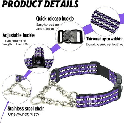 Martingale Dog Collars, Reflective Nylon Collar with Stainless Steel Chain, Adjustable Walking Training Dog Collars with Quick Release Buckle, Suitable for Small Medium Large Dogs(Purple,L)