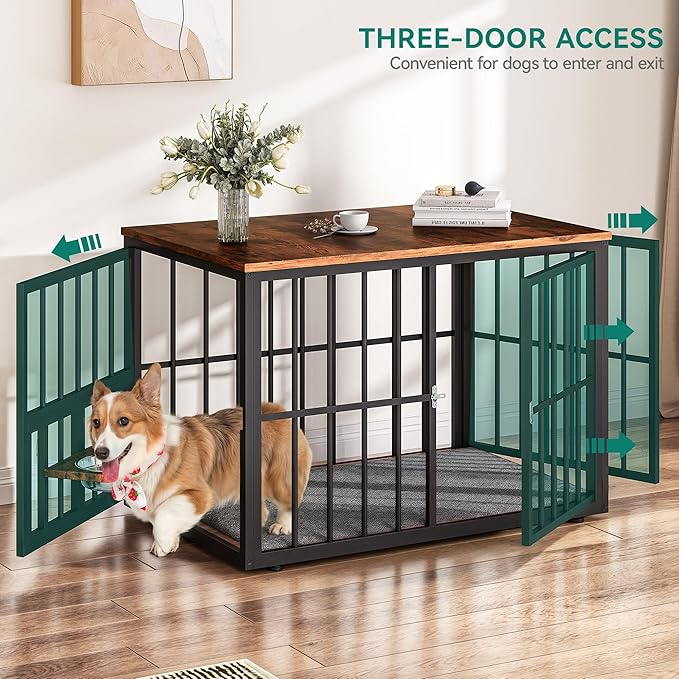 YITAHOME 77.6" Large Corner Dog Crate Furniture for 2 Dogs, Steel Frame Cage with Double Doors & Bowls & 3 Doors, Double Dog Crate Furniture TV Stand for Medium Large Dogs, Brown