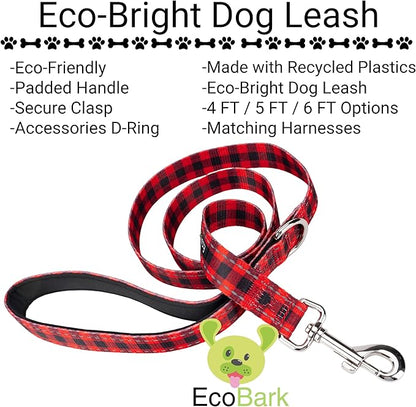 EcoBark Dog Leash - Soft & Reflective Comfort Leash with Padded Handle - Soft, Strong, & Durable for Small, Medium or Large Dogs (Red Buffalo Plaid)