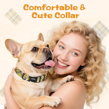 Kazazoo Dog Collar Cute and Soft Nylon Puppy Collar for Boy and Girl, Adjustable Dog Collars for Small Medium Dogs, Yellow&Blue Plaid-XS