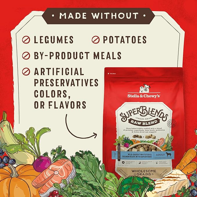 Stella & Chewy's SuperBlends Raw Blend Wholesome Grains Wild-Caught Whitefish & Salmon Recipe with Superfoods, 3.25 lb. Bag