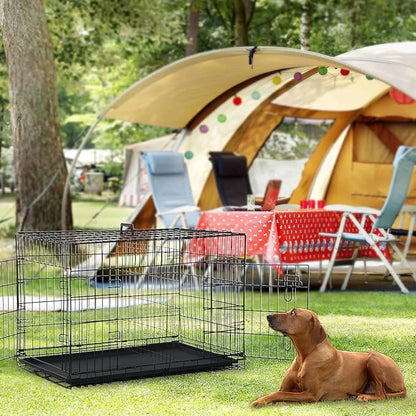 Dopinmin Large Dog Crate 42 Inches Double Door Pet Crate Folding Metal Wire Dog Cage with Divider Panel Leak-Proof Plastic Pan Indoor Outdoor Pet Crates for Medium and Large Breed Pet Animals Black